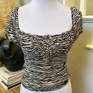 ELODIE NEW Tie Gathered Mesh Top in Black White Zebra